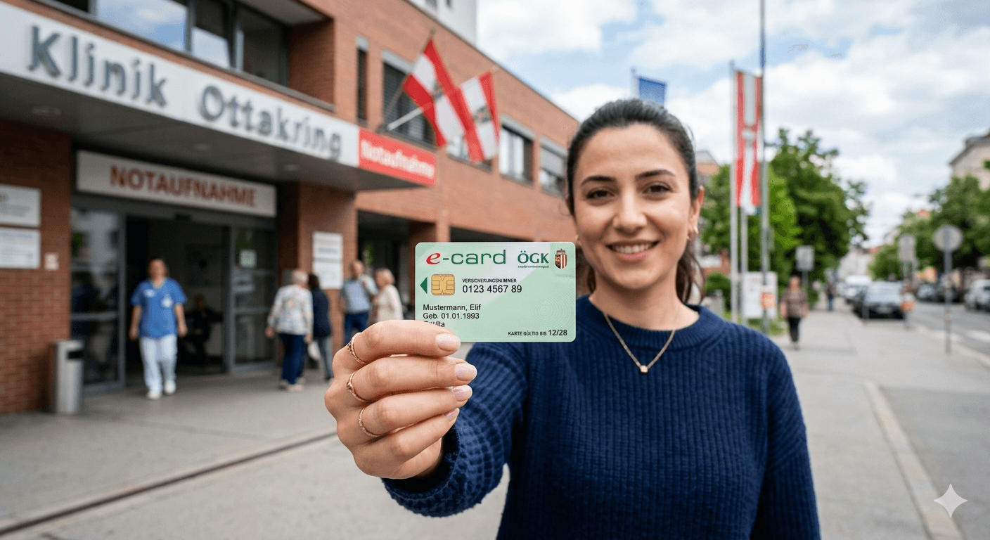 Avusturya hastane önünde e-card tutan kadın.