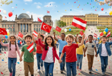 Türk ve Avusturya bayrakları taşıyan neşeli çocuklar, arka planda Ankara Birinci Meclis binası ve Viyana Schönbrunn Sarayı kolajı.