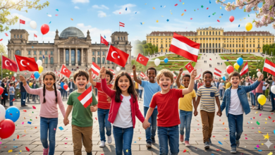 Türk ve Avusturya bayrakları taşıyan neşeli çocuklar, arka planda Ankara Birinci Meclis binası ve Viyana Schönbrunn Sarayı kolajı.