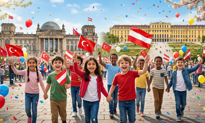 Türk ve Avusturya bayrakları taşıyan neşeli çocuklar, arka planda Ankara Birinci Meclis binası ve Viyana Schönbrunn Sarayı kolajı.