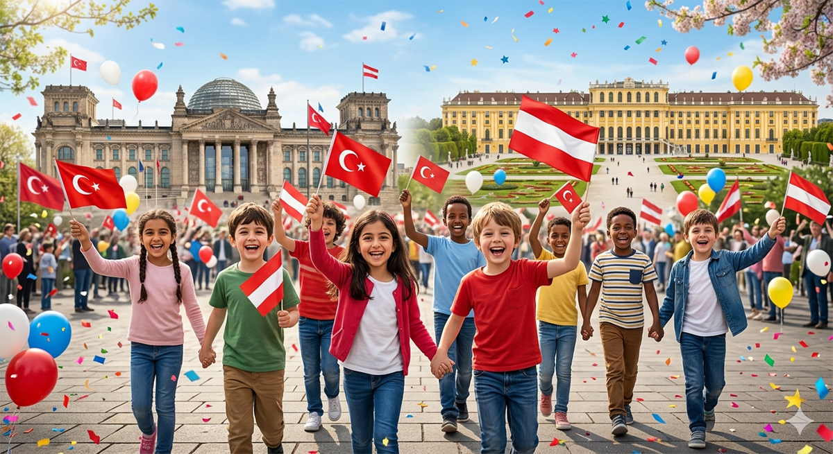 Türk ve Avusturya bayrakları taşıyan neşeli çocuklar, arka planda Ankara Birinci Meclis binası ve Viyana Schönbrunn Sarayı kolajı.