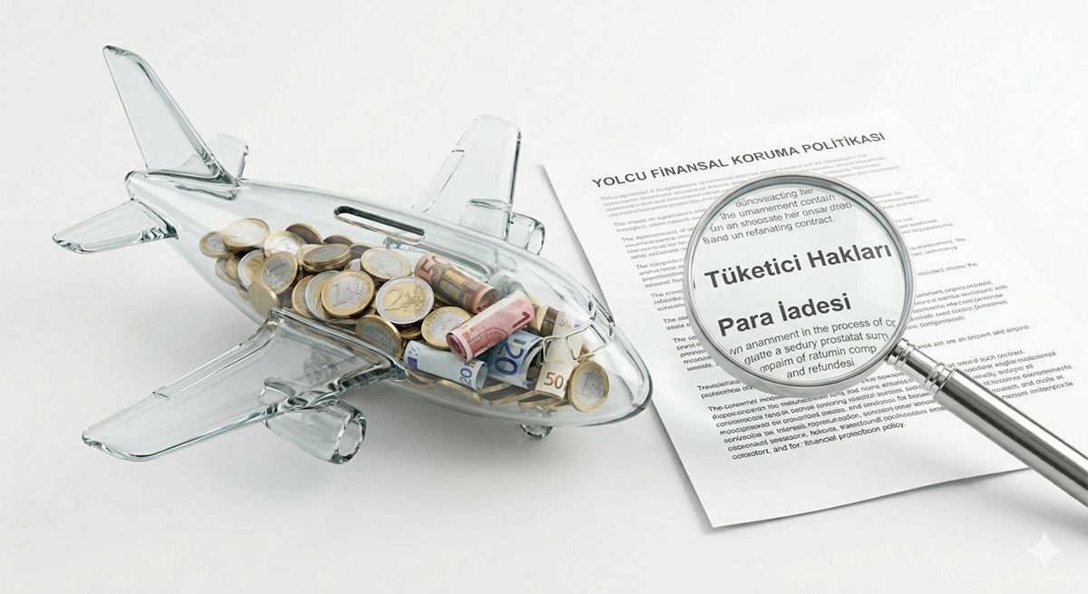 Şeffaf uçak kumbarası içinde Euro paraları, yanında büyüteçle incelenen "Yolcu Finansal Koruma Politikası" ve "Tüketici Hakları - Para İadesi" belgeleri.