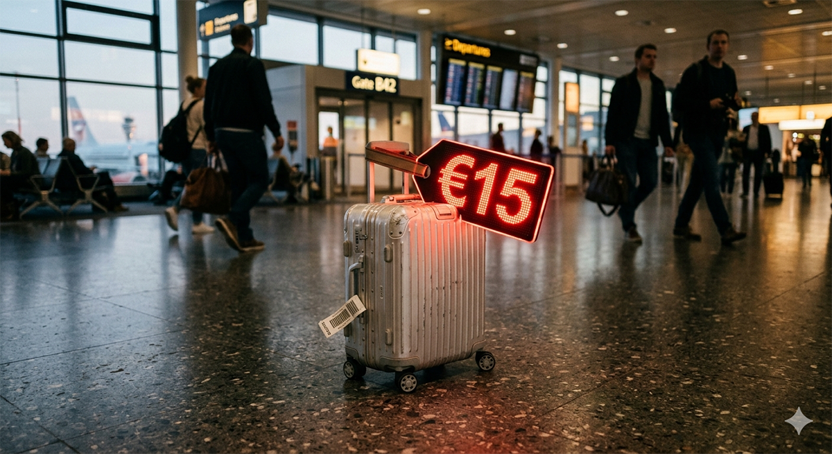 Havaalanı terminalinde üzerinde 15 Euro fiyat etiketi olan gümüş renkli bir kabin valizi, arka planda Austrian Airlines tabelası.