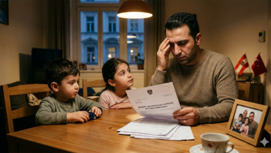 Viyana'da yaşayan bir baba ve iki çocuğunun masadaki resmi aile birleşimi ret belgesine üzülerek bakması.
