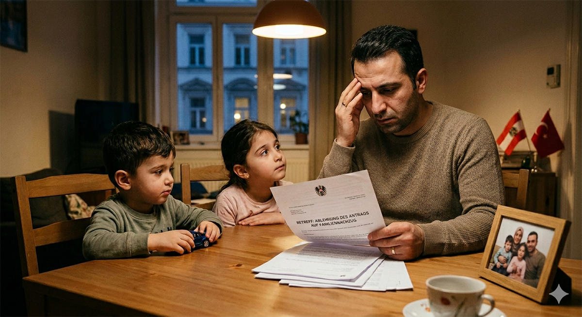 Viyana'da yaşayan bir baba ve iki çocuğunun masadaki resmi aile birleşimi ret belgesine üzülerek bakması.