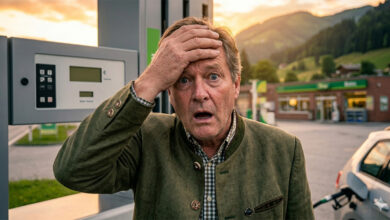 Avusturya'da bir akaryakıt istasyonunda saat 12:00 fiyat güncellemesini bekleyen sürücüler ve dijital fiyat tabelası.