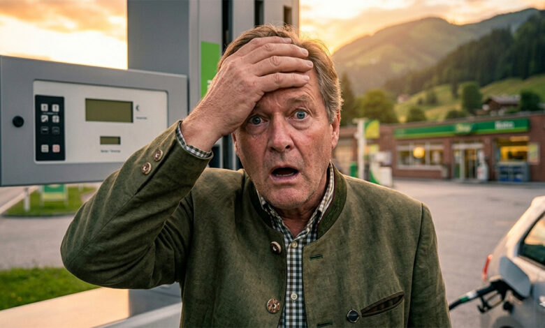 Avusturya'da bir akaryakıt istasyonunda saat 12:00 fiyat güncellemesini bekleyen sürücüler ve dijital fiyat tabelası.