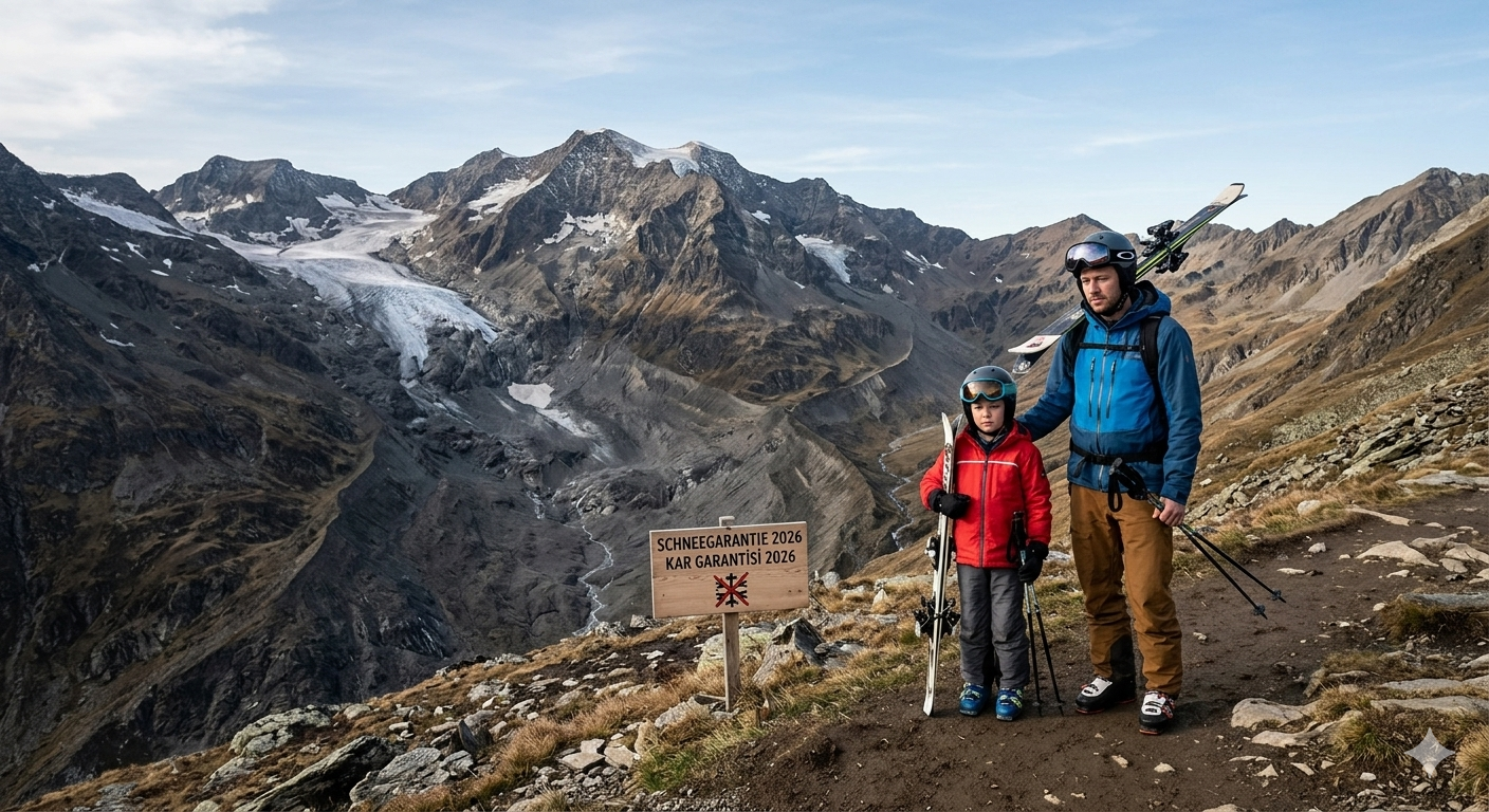 Avusturya Alplerinde karsız zirvelere bakan baba ve oğul, iklim değişikliği 2026