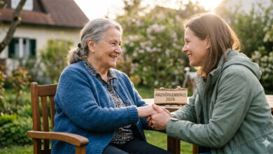 Avusturya'da gülen yaşlı bir kadın ve ona destek olan yakını, bakım parası yardımı görseli.
