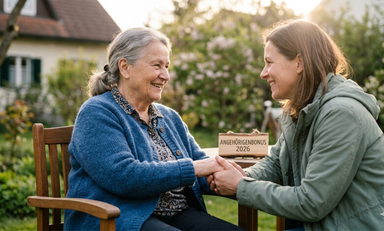 Avusturya'da gülen yaşlı bir kadın ve ona destek olan yakını, bakım parası yardımı görseli.