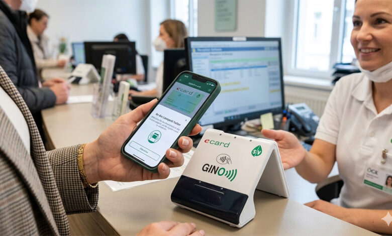 Avusturya'da bir hasta muayenehane girişinde (Anmeldung) akıllı telefonuyla dijital e-card okutuyor.