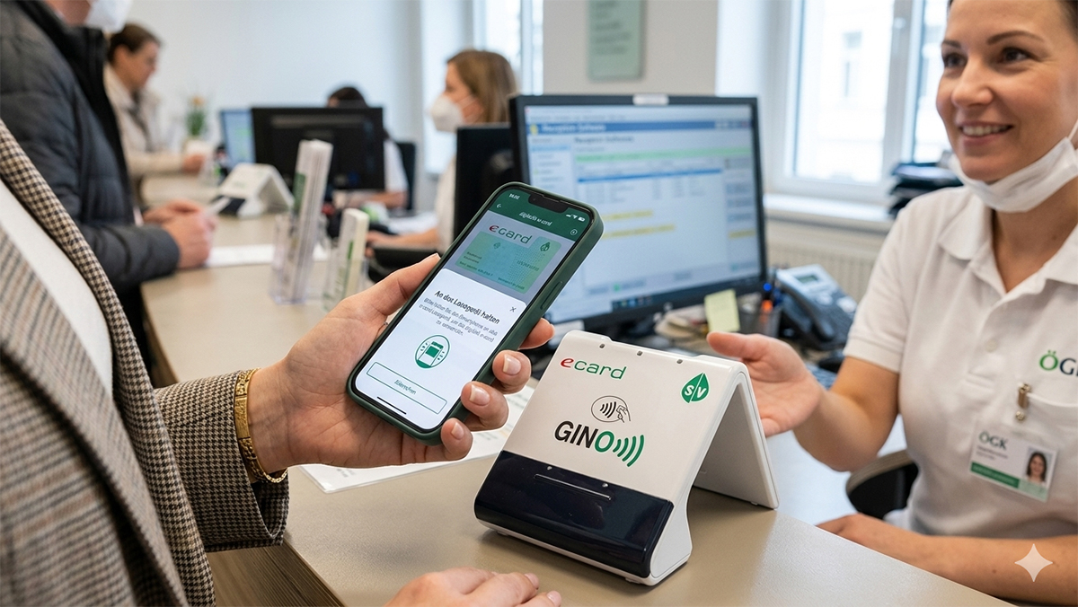Avusturya'da bir hasta muayenehane girişinde (Anmeldung) akıllı telefonuyla dijital e-card okutuyor.