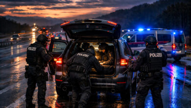 Avusturya'da Staatsschutz (DSN) ekipleri otoyol kontrolünde bir aracı ararken.