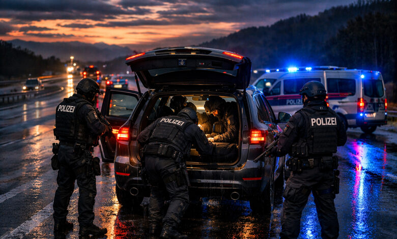 Avusturya'da Staatsschutz (DSN) ekipleri otoyol kontrolünde bir aracı ararken.