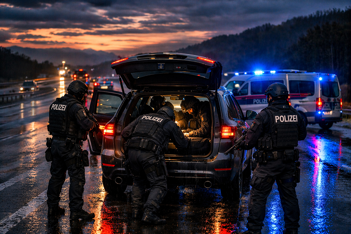 Avusturya'da Staatsschutz (DSN) ekipleri otoyol kontrolünde bir aracı ararken.