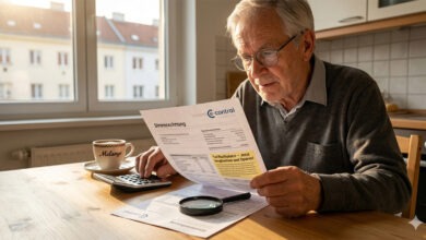 Avusturya'da evinde oturan bir kişi, elindeki modern bir elektrik faturasını (Stromrechnung) inceliyor ve büyüteçle "Tarifkalkulator" tasarruf uyarısını fark ediyor.