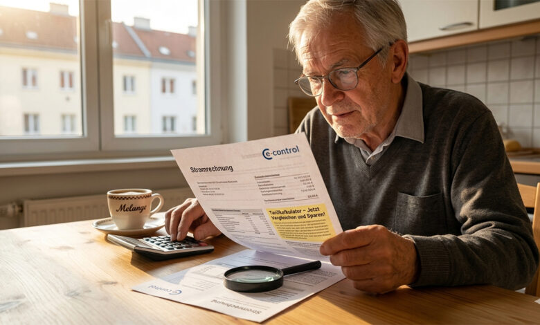 Avusturya'da evinde oturan bir kişi, elindeki modern bir elektrik faturasını (Stromrechnung) inceliyor ve büyüteçle "Tarifkalkulator" tasarruf uyarısını fark ediyor.