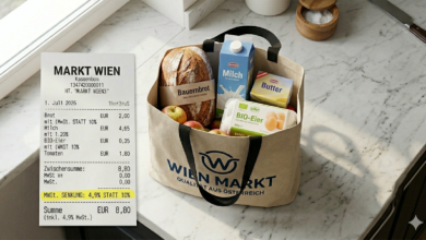 Mutfak tezgahı üzerinde market ürünleri ve %4,9 KDV indirimini gösteren Almanca kasa fişi yakın plan çekimi.