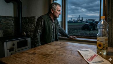 9 Nisan 2026, Avusturya'da markette boş yağ rafları önünde endişeli bir tüketici ve arka planda Statistik Austria enflasyon grafiği.