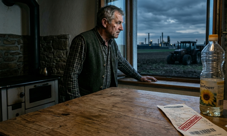 9 Nisan 2026, Avusturya'da markette boş yağ rafları önünde endişeli bir tüketici ve arka planda Statistik Austria enflasyon grafiği.