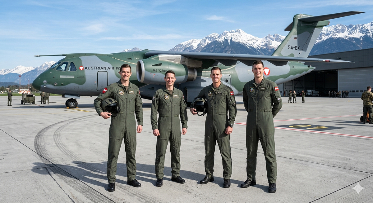 Brezilya'da Embraer C-390 askeri nakliye uçağı önünde poz veren dört Avusturyalı pilot