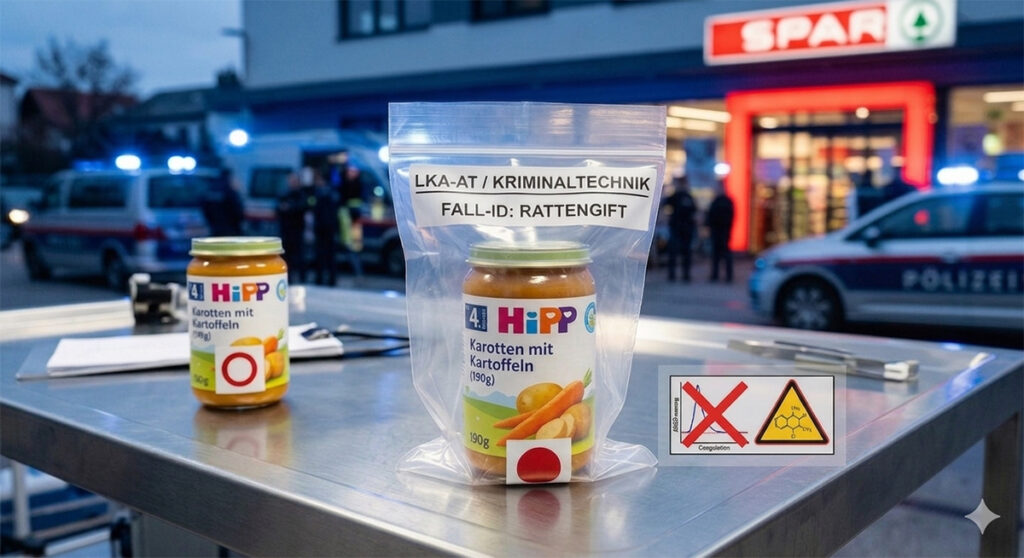 Avusturya polisi LKA kriminal ekibinin üzerinde fare zehri (Rattengift) yazılı delil torbası içinde HiPP bebek maması kavanozunu incelediği olay yeri.