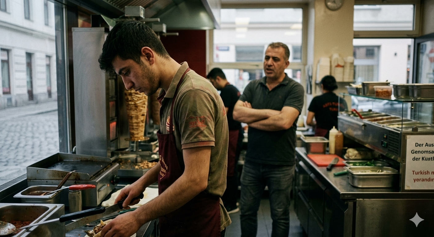 Avusturya'da bir Türk işletmesinde düşük ücretle ve sigortasız çalıştırılan işçi ve işveren temalı haber görseli.