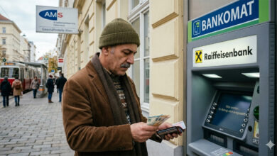 Avusturya'da bankamatikten para çeken kişi ve arka planda AMS binası tabelası.