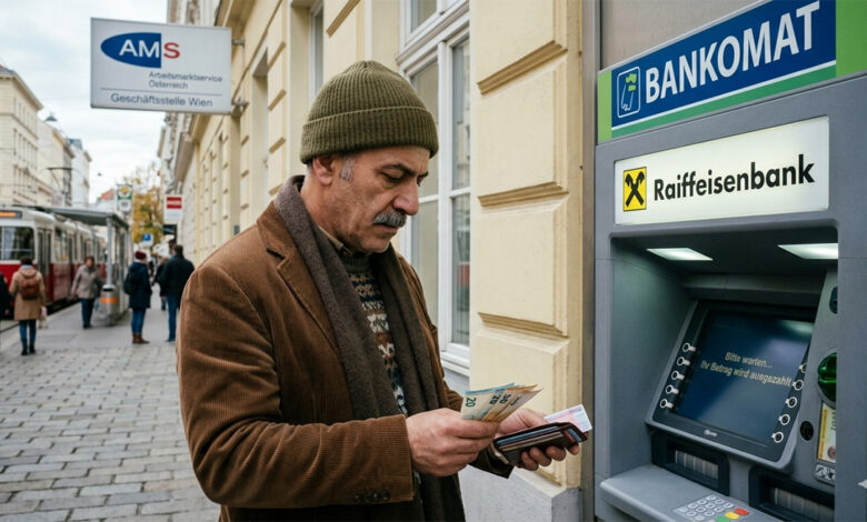 Avusturya'da bankamatikten para çeken kişi ve arka planda AMS binası tabelası.