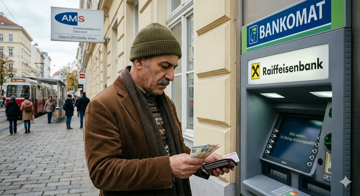 Avusturya'da bankamatikten para çeken kişi ve arka planda AMS binası tabelası.
