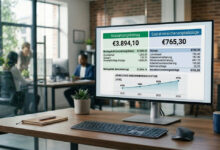 Modern bir ofis masasında duran bilgisayar ekranında, €3.894,10 net maaş ve €765,30 sosyal güvenlik kesintisini gösteren profesyonel bir maaş bordrosu ve yükselen gelir grafiği.