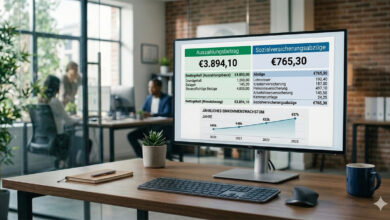 Modern bir ofis masasında duran bilgisayar ekranında, €3.894,10 net maaş ve €765,30 sosyal güvenlik kesintisini gösteren profesyonel bir maaş bordrosu ve yükselen gelir grafiği.