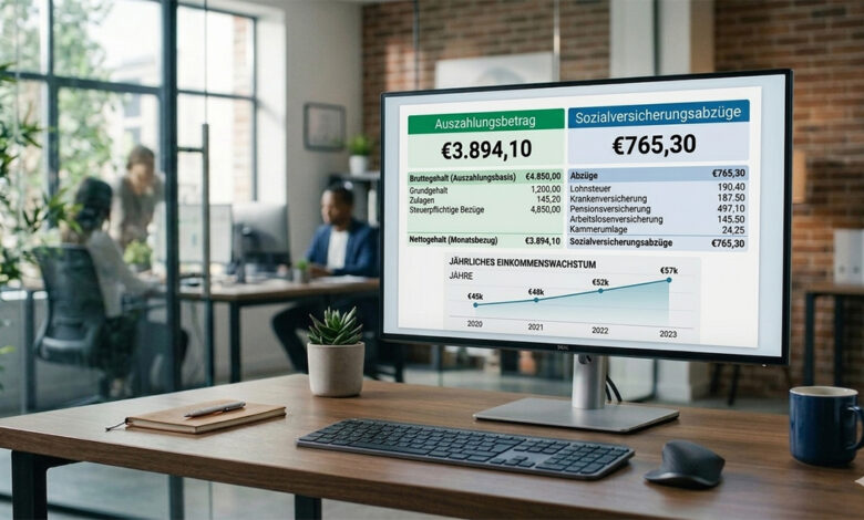 Modern bir ofis masasında duran bilgisayar ekranında, €3.894,10 net maaş ve €765,30 sosyal güvenlik kesintisini gösteren profesyonel bir maaş bordrosu ve yükselen gelir grafiği.