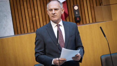 Avusturya Ulusal Meclisi (Nationalrat) oturumunda konuşma yapan bir milletvekili, arka planda meclis üyeleri ve Avusturya bayrağı.