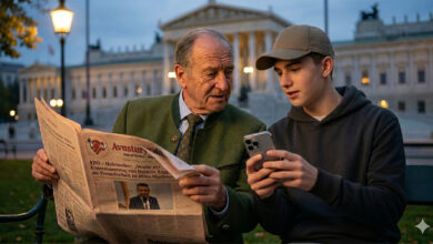 Avusturya Federal Meclisi önünde bir park bankında oturan dede ve torun, ellerinde gazete ve akıllı telefonla medya reformu tartışıyor. Concept fotoğrafı.