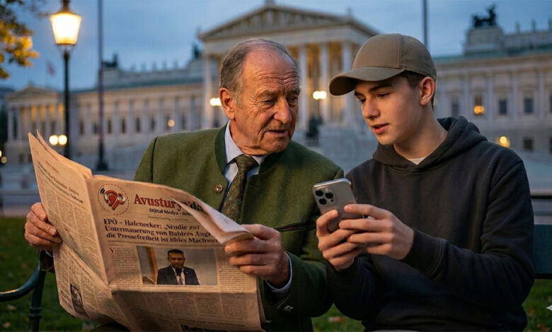 Avusturya Federal Meclisi önünde bir park bankında oturan dede ve torun, ellerinde gazete ve akıllı telefonla medya reformu tartışıyor. Concept fotoğrafı.