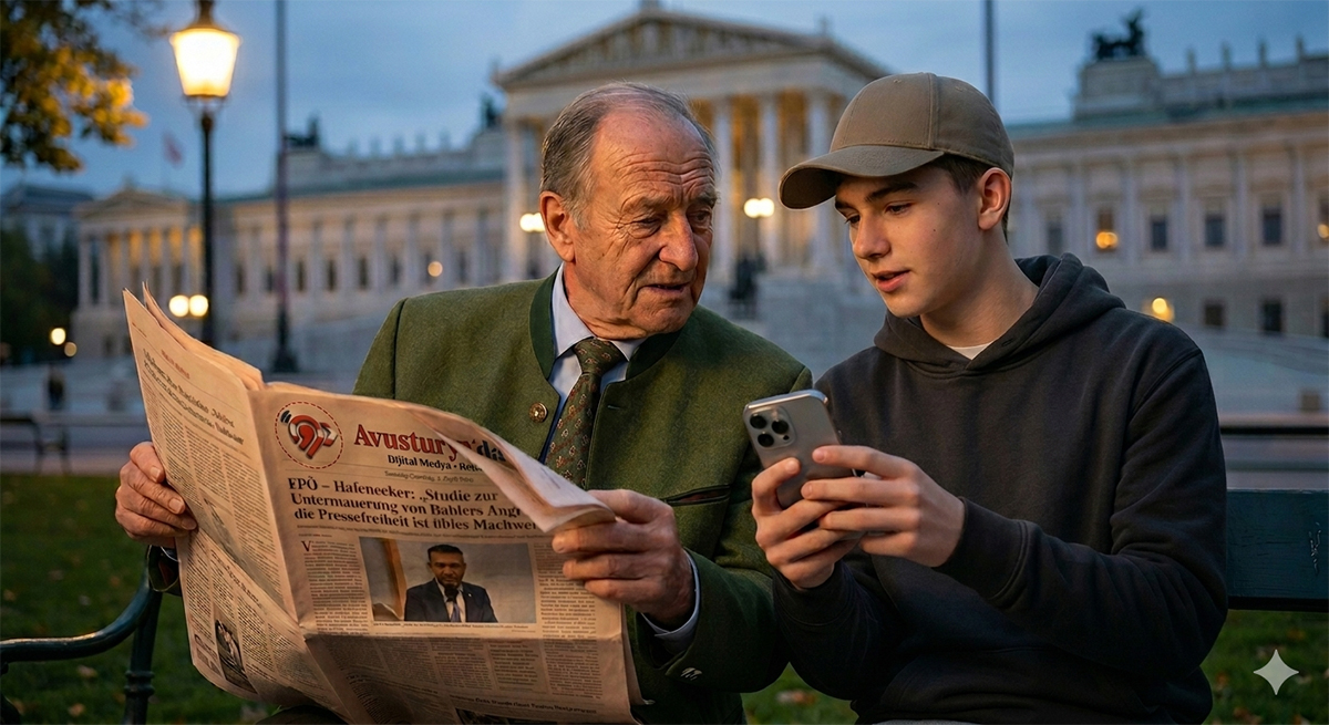Avusturya Federal Meclisi önünde bir park bankında oturan dede ve torun, ellerinde gazete ve akıllı telefonla medya reformu tartışıyor. Concept fotoğrafı.