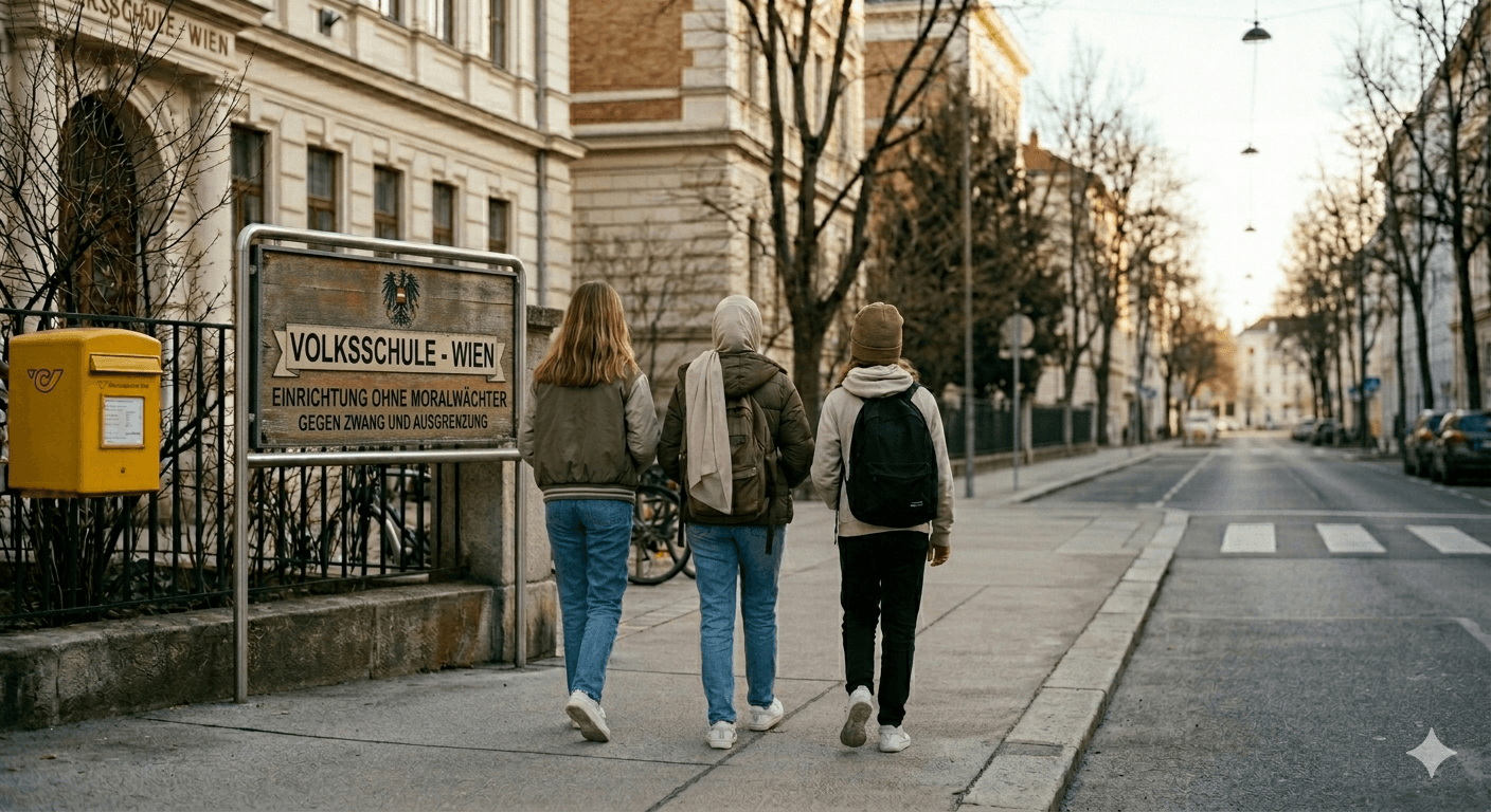 Avusturya Viyana okul önünde yürüyen öğrenciler ve okul tabelası