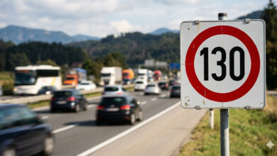 Avusturya otoyolunda seyreden hareketli bir arka planın önünde, net bir şekilde görülen resmi 130 km hız sınırı tabelası.