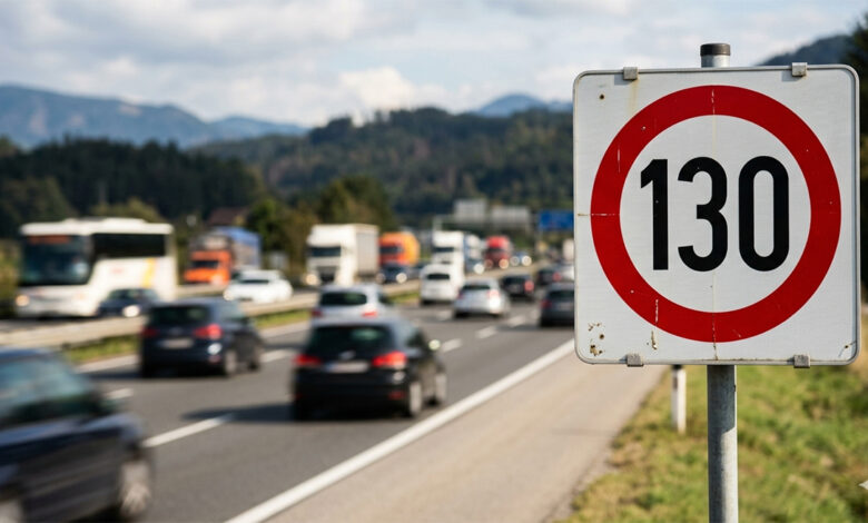 Avusturya otoyolunda seyreden hareketli bir arka planın önünde, net bir şekilde görülen resmi 130 km hız sınırı tabelası.