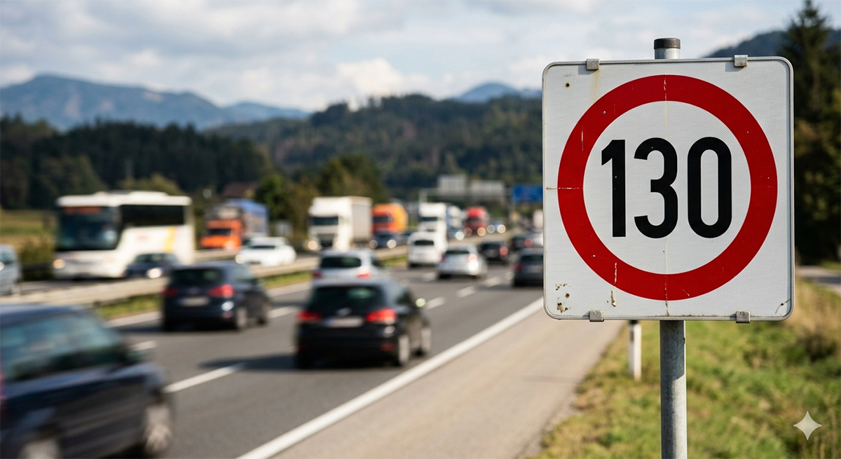 Avusturya otoyolunda seyreden hareketli bir arka planın önünde, net bir şekilde görülen resmi 130 km hız sınırı tabelası.