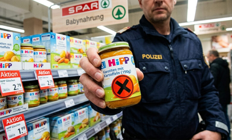 Avusturya polisi Spar market rafında fare zehri şüphesi olan kırmızı işaretli HiPP bebek maması kavanozunu gösteriyor.