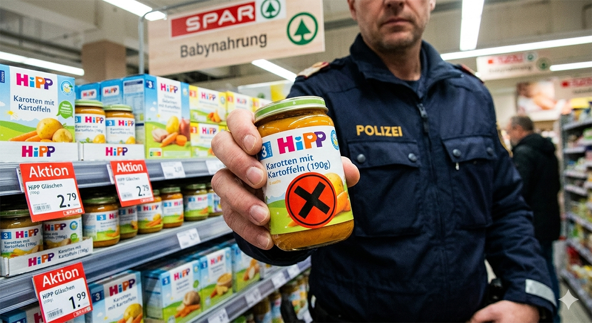 Avusturya polisi Spar market rafında fare zehri şüphesi olan kırmızı işaretli HiPP bebek maması kavanozunu gösteriyor.
