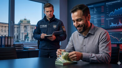 Avusturya'da bir masada gülerek Euro banknotlarını sayan bir adam ve hemen arkasında onu ciddi bir ifadeyle not alarak izleyen TF SOLBE üniformalı Avusturya görevlisi. Arka planda Viyana manzarası ve ekonomik grafikler görülüyor.