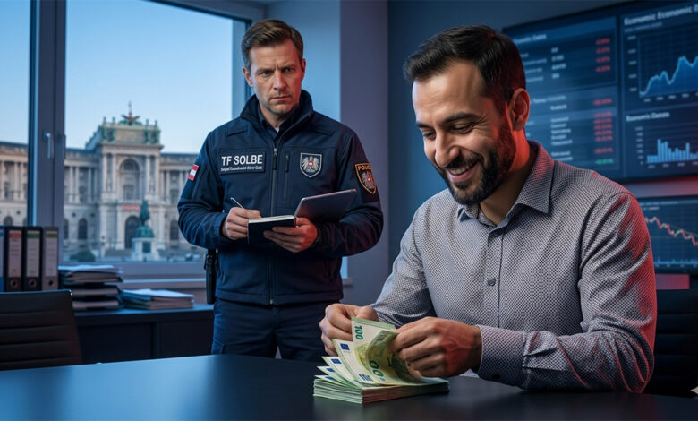 Avusturya'da bir masada gülerek Euro banknotlarını sayan bir adam ve hemen arkasında onu ciddi bir ifadeyle not alarak izleyen TF SOLBE üniformalı Avusturya görevlisi. Arka planda Viyana manzarası ve ekonomik grafikler görülüyor.
