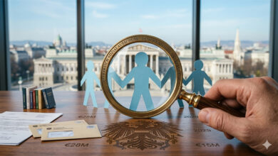 Ahşap bir masa üzerinde el ele tutuşan mavi kağıt insan figürleri ve bir büyüteçle odaklanılmış merkezi figür; arka planda bulanık bir sınıf ortamı görünmektedir.