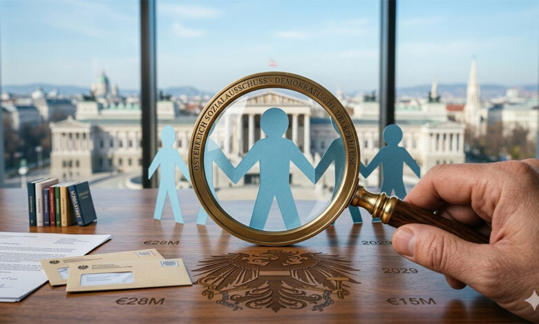 Ahşap bir masa üzerinde el ele tutuşan mavi kağıt insan figürleri ve bir büyüteçle odaklanılmış merkezi figür; arka planda bulanık bir sınıf ortamı görünmektedir.