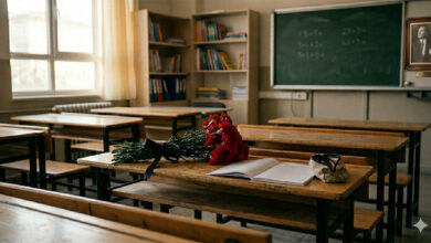 Kahramanmaraş'taki Ayser Çalık Ortaokulu'nda boş bir sınıfın iç görünümü. En öndeki ahşap okul sırasının üzerinde siyah kurdeleyle bağlanmış kırmızı karanfiller, açık bir defter ve kalemlik duruyor. Arka planda kara tahta ve Atatürk portresi görülüyor. Sınıf sessiz ve hüzünlü bir atmosferde.