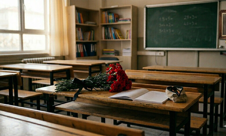 Kahramanmaraş'taki Ayser Çalık Ortaokulu'nda boş bir sınıfın iç görünümü. En öndeki ahşap okul sırasının üzerinde siyah kurdeleyle bağlanmış kırmızı karanfiller, açık bir defter ve kalemlik duruyor. Arka planda kara tahta ve Atatürk portresi görülüyor. Sınıf sessiz ve hüzünlü bir atmosferde.