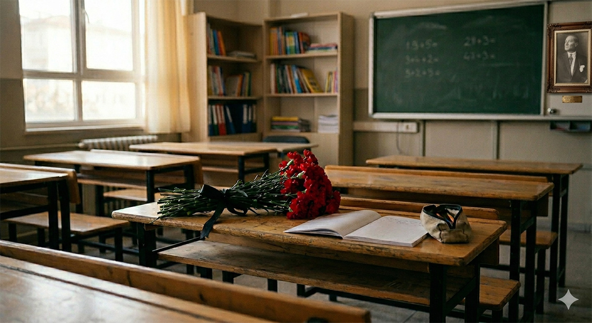 Kahramanmaraş'taki Ayser Çalık Ortaokulu'nda boş bir sınıfın iç görünümü. En öndeki ahşap okul sırasının üzerinde siyah kurdeleyle bağlanmış kırmızı karanfiller, açık bir defter ve kalemlik duruyor. Arka planda kara tahta ve Atatürk portresi görülüyor. Sınıf sessiz ve hüzünlü bir atmosferde.